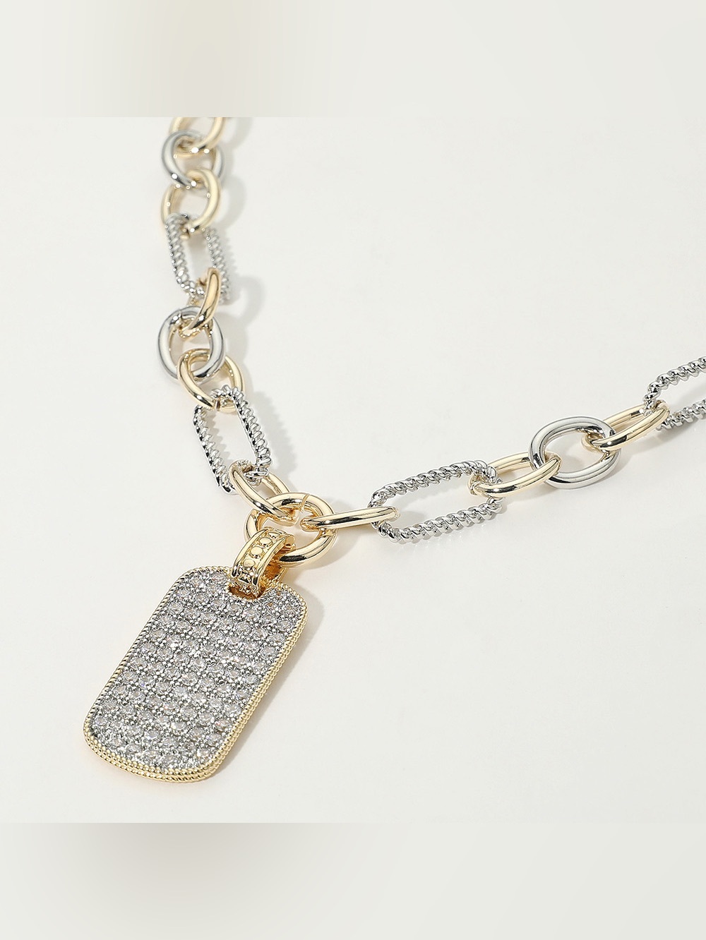 14K Gold Plated Two Tone CZ Stone Paved Dog Tag Pendant Chunky Chain Necklace